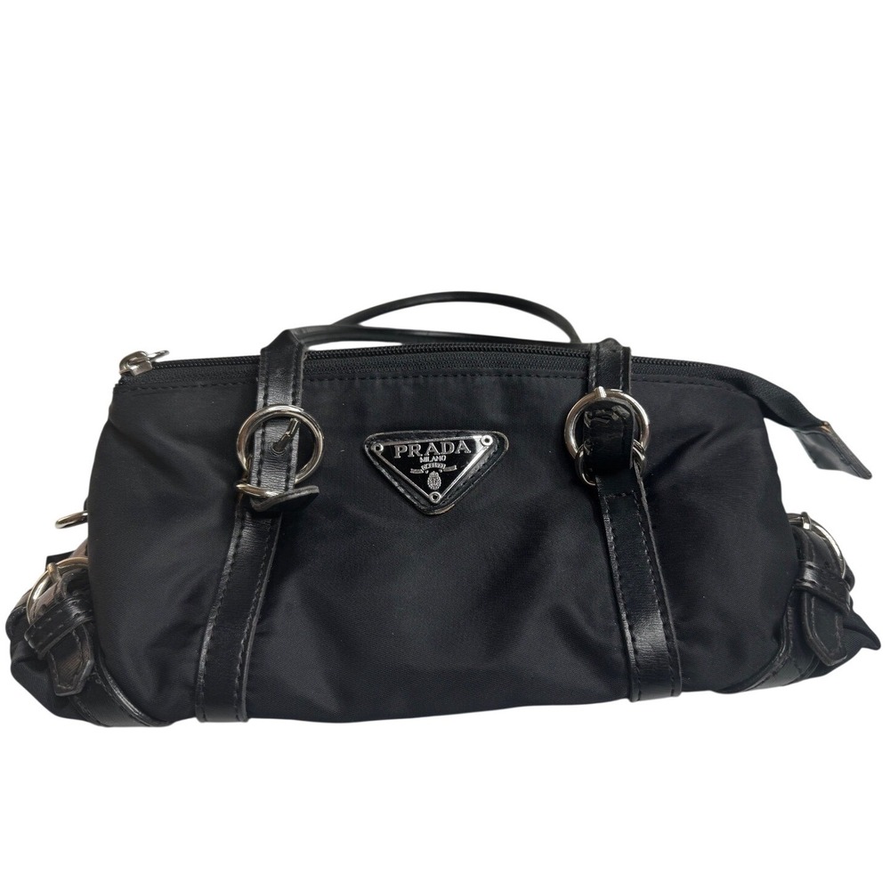 Prada Tessuto Nylon Handbag Black Leather Trim Triangle Logo Vintage Bag